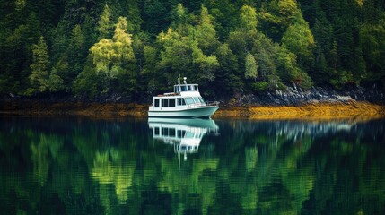 Fototapeta premium Serene waters reflecting a cabin cruiser, nestled in a pristine natural setting