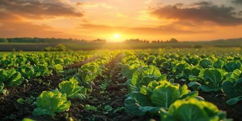 Fototapeta premium Breathtaking sunset over vibrant vegetable field with young lettuce or cabbage plants