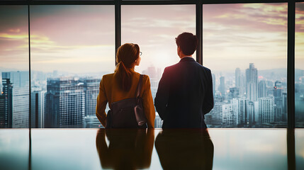 Fototapeta premium man and woman look at the city