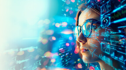 A woman in glasses examining digital interfaces with data overlaying her face. UX coding, big data analytics, artificial intelligence, technology, and innovation in high-tech environment. Copy space