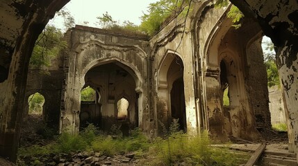 Obraz premium Ruined Building with Arched Doorways.