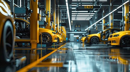 A dynamic automotive manufacturing plant with cars on the assembly line.