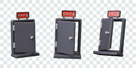 Emergency exit. 3D black open door with text exit. Isolated templates in different positions