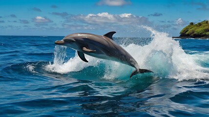 Fototapeta premium A wave crashing behind them. The ocean is blue and the sky is partly cloudy.