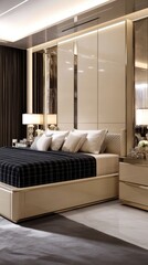 A cozy bedroom showcases a black bed with a striped blanket, wooden side tables with lamps, and large windows letting in warm natural light