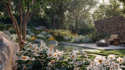 Tranquil Oasis with Pool and Stone Wall.