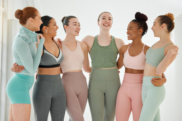 Women, hug and together in gym for fitness or pilates workout, improve posture and balance with...
