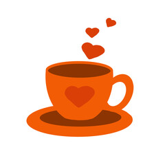 An orange cup with a heart design sits on a plate, surrounded by floating heart shape