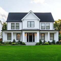 Suburban colonial house with symmetrical design, double-hung windows, green lawn