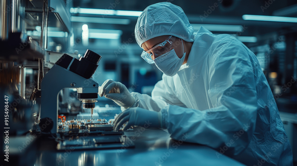 Poster assembly line worker meticulously crafting electronic components in a cleanroom environment
