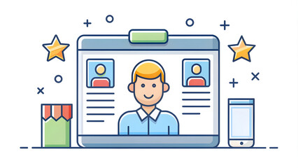 Modern 3D Flat Customer Application Icon with Copy Space for Business Presentations. Doodle Line Cartoon Style.