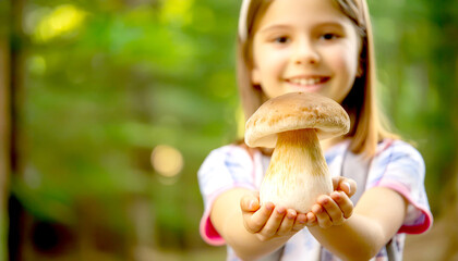 Kind hält Steinpilz in der Hand, Pilze Sammeln, Wald 
