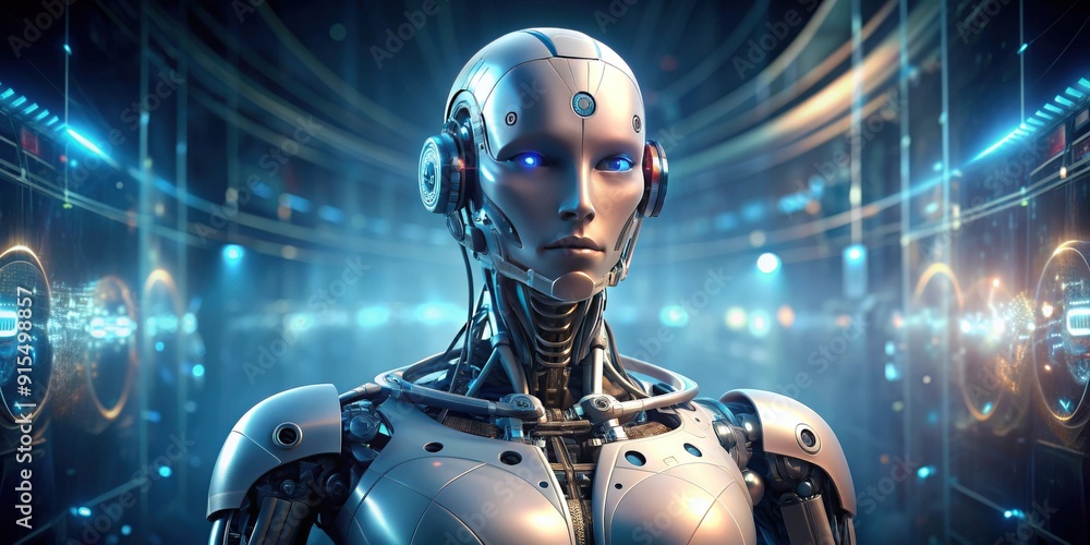 Poster futuristic render of a robotic humanoid, robot, technology, cyborg, machine, automation, artificial 