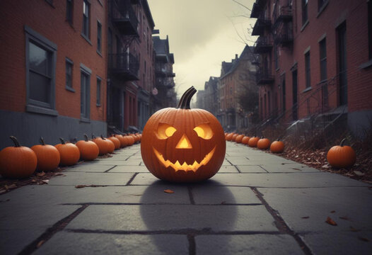 pumpkin with a jack lantern facr on middle street , autumn, fallen leaves and dark baxkground, spooy