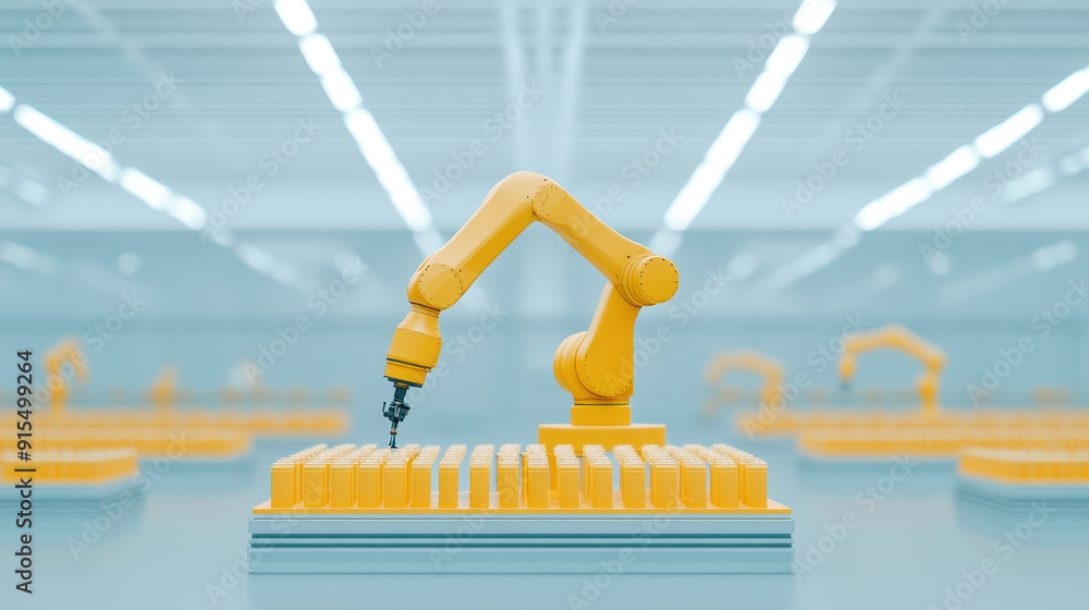 Poster robotics technician programming a robotic arm in an advanced manufacturing plant