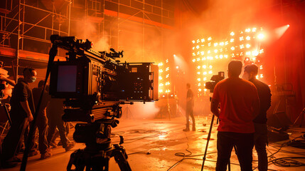 A film crew working together on movie set in pavilion. In the Big Film Studio Professional Crew Shooting Blockbuster Movie. Director, Cameraman, shooting start, behind the scene, new season, premiere