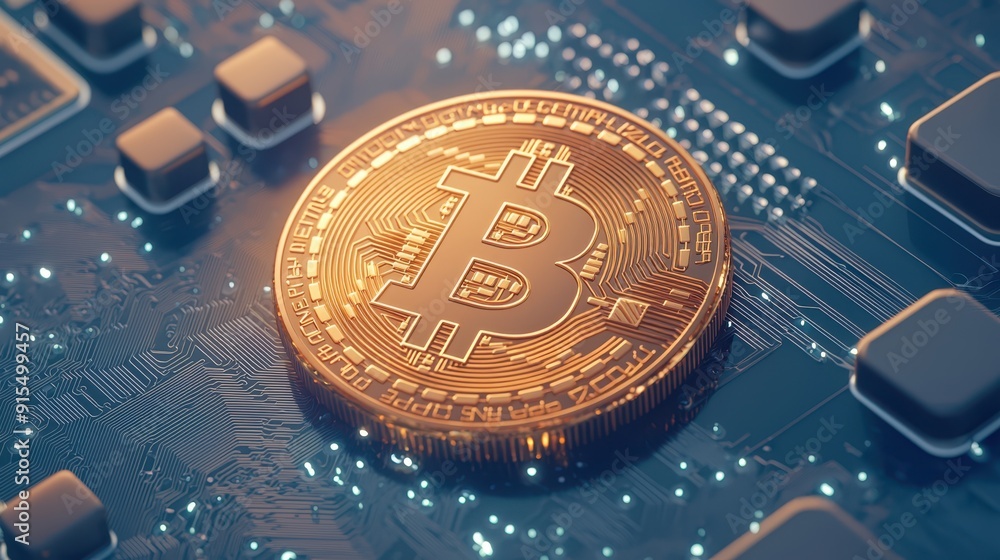 Poster close-up of a shiny bitcoin on a circuit board, symbolizing cryptocurrency and digital transactions 