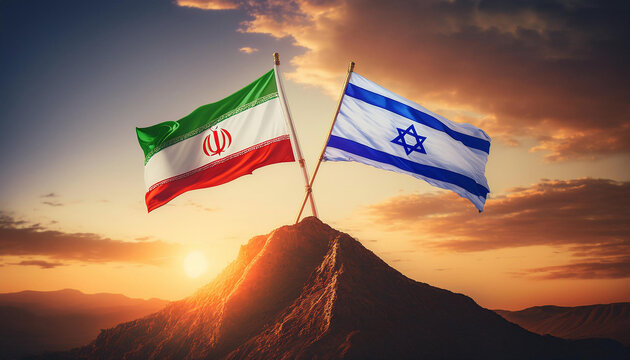 Iran and Israel Flags Raised on a Mountain Peak at Sunrise