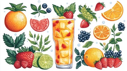 A vibrant arrangement of fruits, including oranges, strawberries, and a refreshing drink.