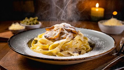 Fototapeta premium A steaming plate of fettuccine in a creamy sauce, topped with sautéed mushrooms and melting Parmesan, sits in a rustic bowl.The warm lighting and wooden table create a cozy, inviting dining atmosphere