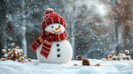Obraz premium Cheerful snowman wearing a red knitted hat and scarf in a snowy winter landscape.