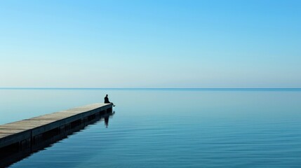 Obraz premium Solitary Figure on a Dock Extending into Calm Water.