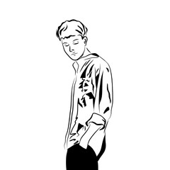 Vector outline black and white of a boy on pajamas simple illustration.