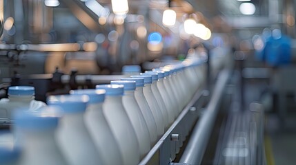 A dynamic dairy production line with milk being bottled and packaged.
