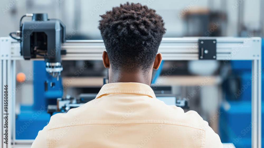 Poster worker monitoring 3d printers producing complex parts in a modern factory