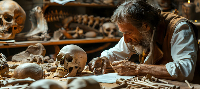 Generate a detailed visual of an anthropologist studying human skeletal remains to understand evolutionary biology