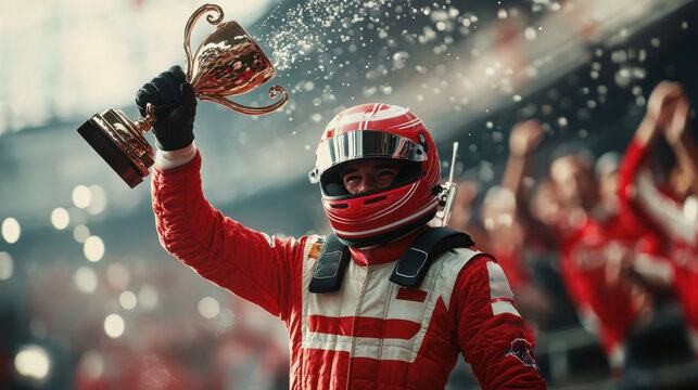 A victorious race car driver in a red suit and helmet raises a trophy on the podium, celebrating a hard-earned win with cheering fans in the background.