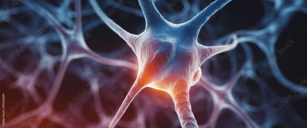Poster intricate neuron structure highlighted by vibrant colors, symbolizing brain function and connectivit
