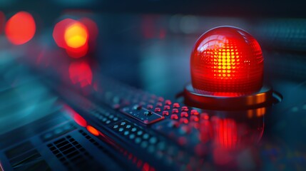 Close-up of a glowing red alarm light, signaling urgency and alertness in a modern, high-tech environment.