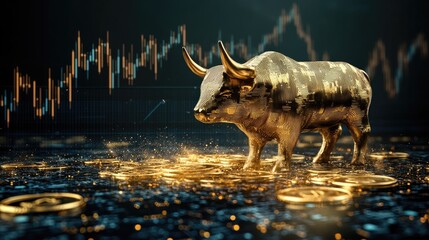 Economic boom visualized with a gold bull and digital
