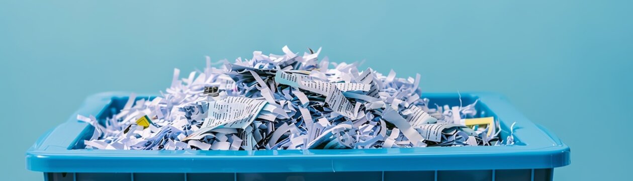 A blue bin filled with shredded paper, showcasing a cluttered scene ideal for recycling and waste management concepts.