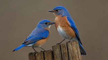 Fototapeta premium A wooden fence post. The bird on the left is looking at the bird on the right.