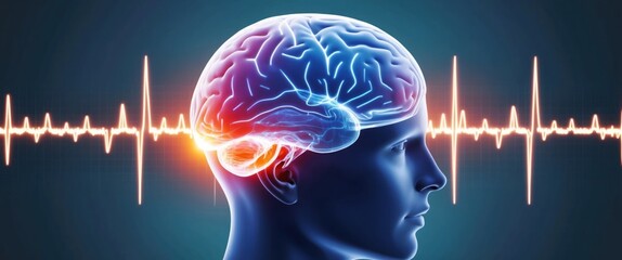 Image depicts human brain silhouette with heartbeat line, representing mental health, anxiety, and neuroscience concepts