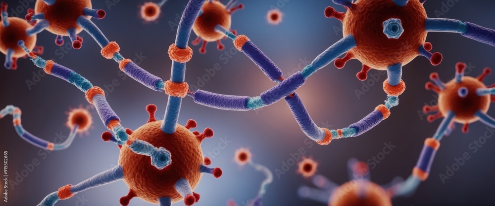 Poster microscopic view of virus particles showcasing intricate structures and connections, highlighting sc