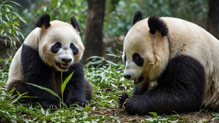 Fototapeta premium A grassy area. They are both eating bamboo.