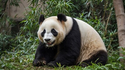 Fototapeta premium A grassy area. They are both eating bamboo.