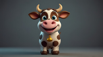 A 3D cute cartoon style Indian cow with a bell around its neck, big eyes, and a content smile, set against a simple background