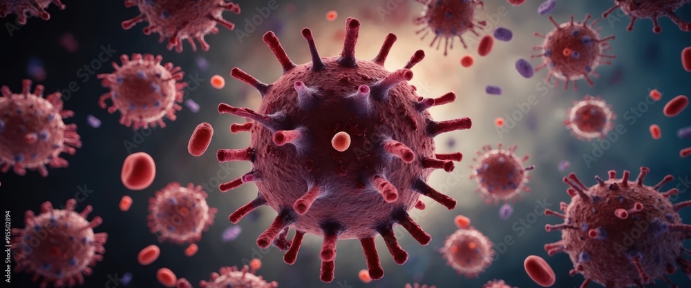 Poster 3d visualization of viruses illustrating cellular infection and immune response concepts