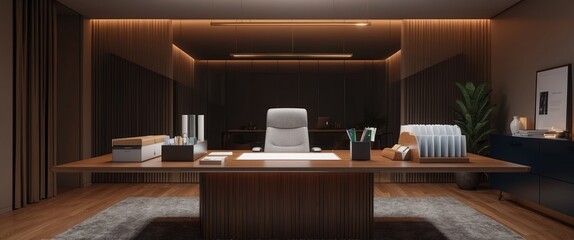 Modern office space featuring a minimalist desk setup, elegant lighting, and contemporary decor for a professional atmosphere