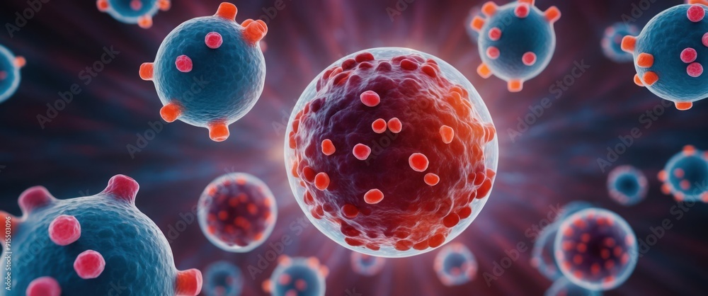 Poster microscopic view of virus and cells highlighting intricate structures in biological research and hea