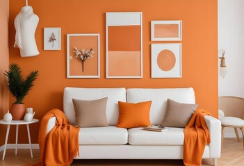 A white framed canvas hanging on an orange wall, with a white sofa and a small side table with decorative objects in the foreground