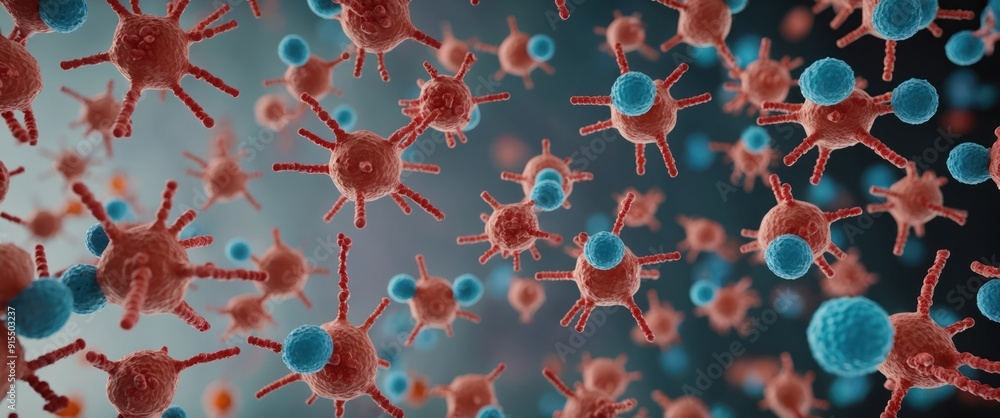 Poster microscopic view showcasing virus structures and cells in a vibrant, scientific context ideal for me