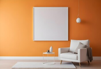 A white framed canvas hanging on an orange wall, with a white sofa and a small side table with decorative objects in the foreground