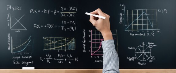 Detailed physics concepts presented on chalkboard, showcasing various graphs and equations for clear educational guidance