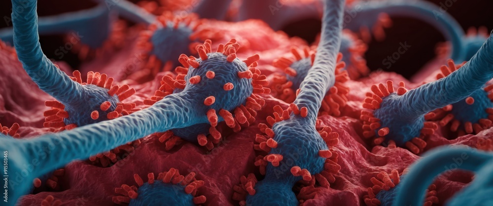 Poster microscopic view of virus cells showcasing intricate structures and biological processes, relevant i