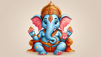A 3D cute cartoon style Ganesha, the Hindu elephant-headed god, with a round belly, big eyes, and a gentle smile, set against a simple background